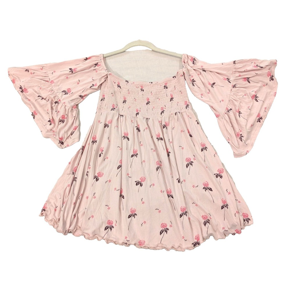 Free People Dress Womens M Pink Floral Boho Smocked Bell Sleeve Romantic Top